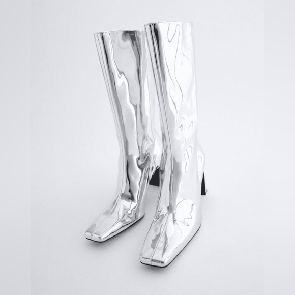 Zara Metallic Silver Heeled Boots - Picture 1 of 15